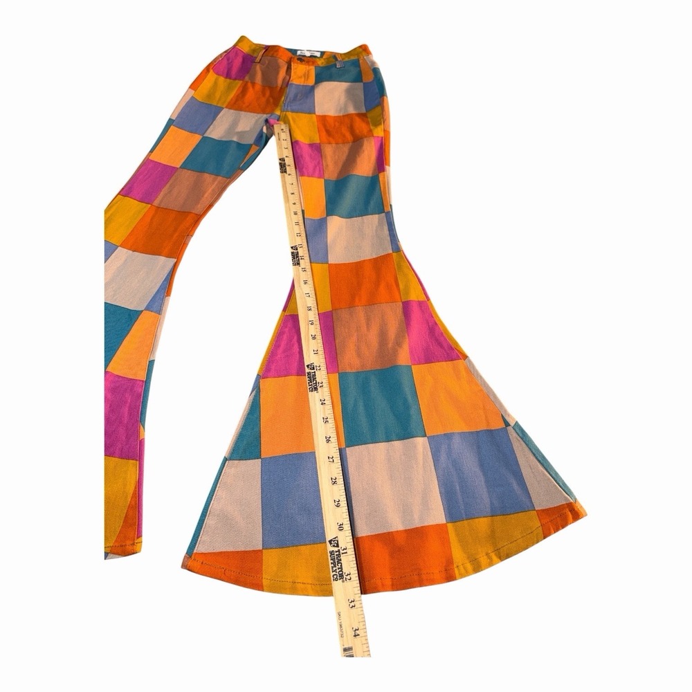 Peach Love Patchwork Bell Bottom Pants S Multi Color Flare 70s Inspired Boho - Picture 5 of 10